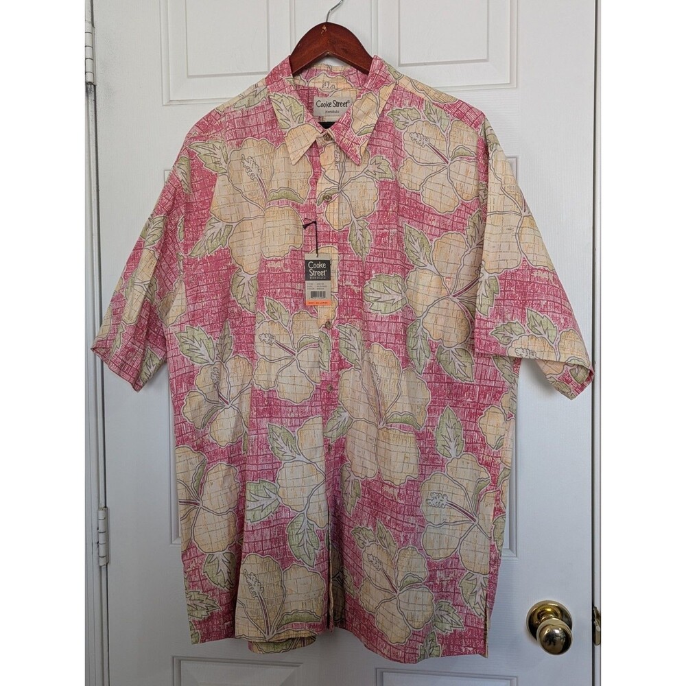 NWT Cooke Street Hawaiian Button S/S Shirt Mens XXL Pink Beige Hibiscus Floral